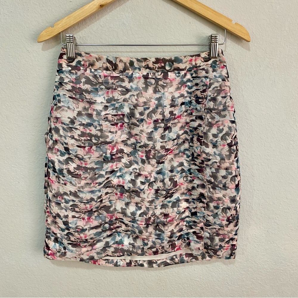 REISS Ruched Floral Mini Skirt - Watercolor Abstract Print - Size USA 2